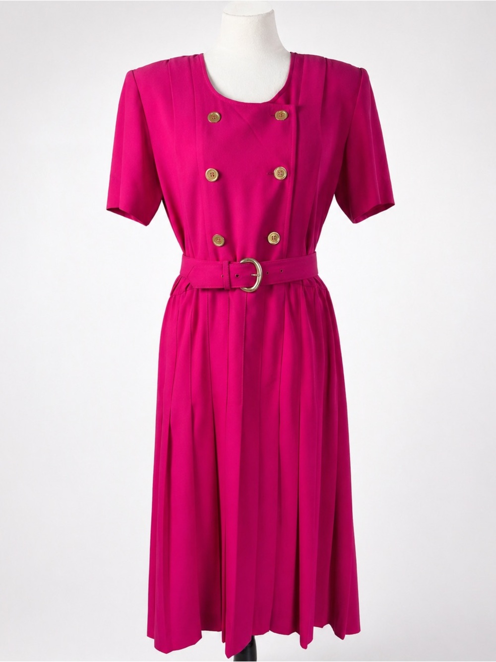 Vintage 90s Pink Pleated Dress Shoulder Pads Gold Buttons Belted Midi - Picture 2 of 11